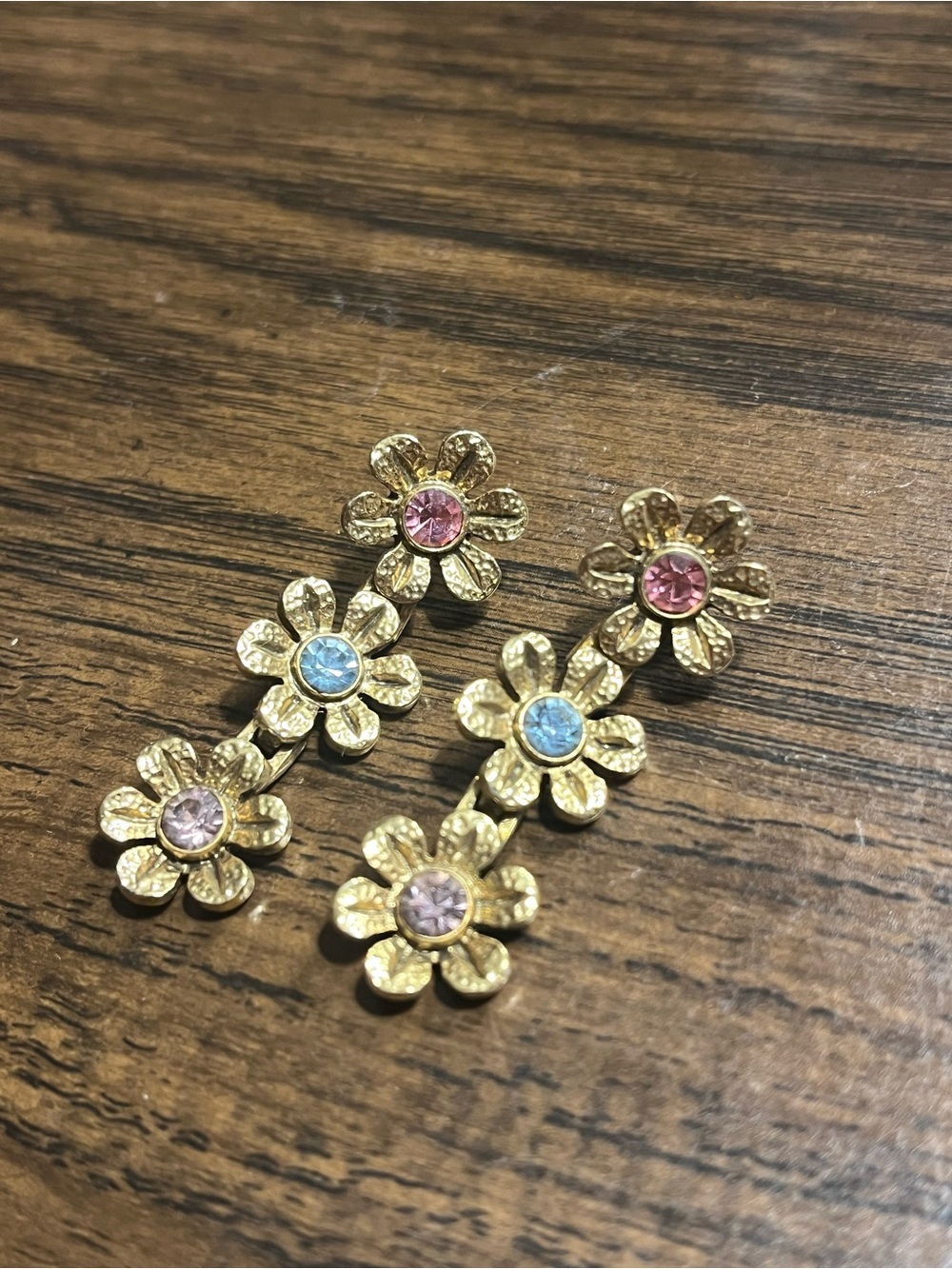 Gold Floral Drop Earrings with Pink and Blue Stones